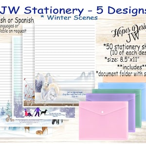 Paquete de papelería JW n.° 9: 5 diseños/inglés, español, estándar, universitario, ancho/escritura de cartas JW/incluye carpeta para documentos con broche
