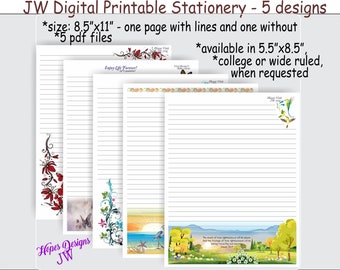 May include: Five printable stationery designs featuring different floral and nature themes. Each design includes a lined page and a blank page. The designs are available in 8.5 x 11 inches and 5.5 x 8.5 inches.