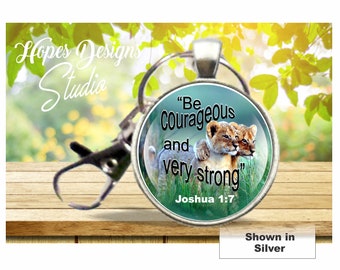 JW gifts/round key ring with clip/'Be courageous & very strong' Joshua 1:7 lion cubs/jw.org/convention gift/baptism gift/jw accessory