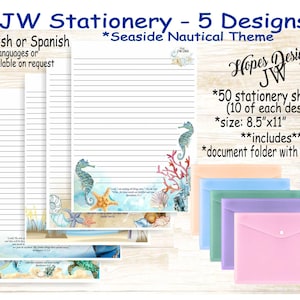 Paquete de papelería JW n.° 8: 5 diseños/Inglés/Español/Estándar, universitario, espaciado amplio/Redacción de cartas JW/Ministerio/Regalos JW/Regalo de bautismo de pioneros