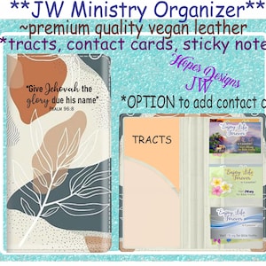 Organiseur JW Premium Ministry pour tracts, cartes de visite, pense-bêtes - cuir végétalien souple - motif feuilles bohème - option à personnaliser