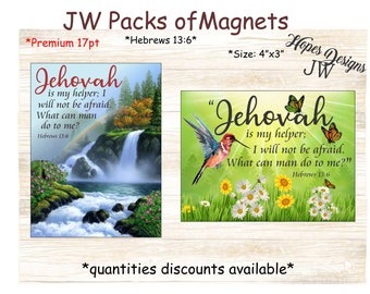 JW gifts/pack of magnets 4"x3"/Hebrews 13:6/2 designs - waterfall & hummingbird/jw ministry/jw.org/best life ever/jw encouragment/jw magnets
