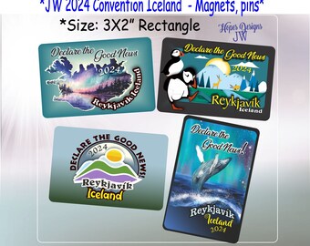 JW Geschenke/2024 Special Convention - Island 4 Designs/rechteckige Pins und Magnete/Namensschild/Taufgeschenk/best life ever/jw.org/Jw Geschenke