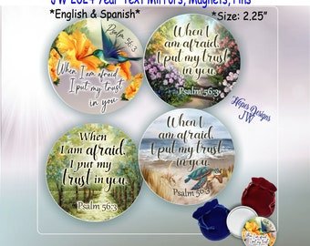 JW  2024 year text Psalm 56:3 pocket mirrors, magnets, pins/4 designs English - Spanish/jw.org/baptism pioneer gifts/encouragement gift