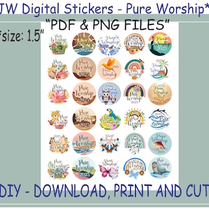 Pegatinas digitales de Adoración Pura de JW de 1.5" - Archivo digital PDF y PNG instantáneo - Muchos diseños/Ministerio JW - Redacción de cartas JW - Regalos JW