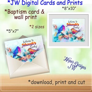 Tarjeta digital JW y arte del marco - bienvenido a la familia de Jehová - pájaros de acuarela - descarga instantánea - archivos pdf imprimibles - regalo de tarjeta de bautismo