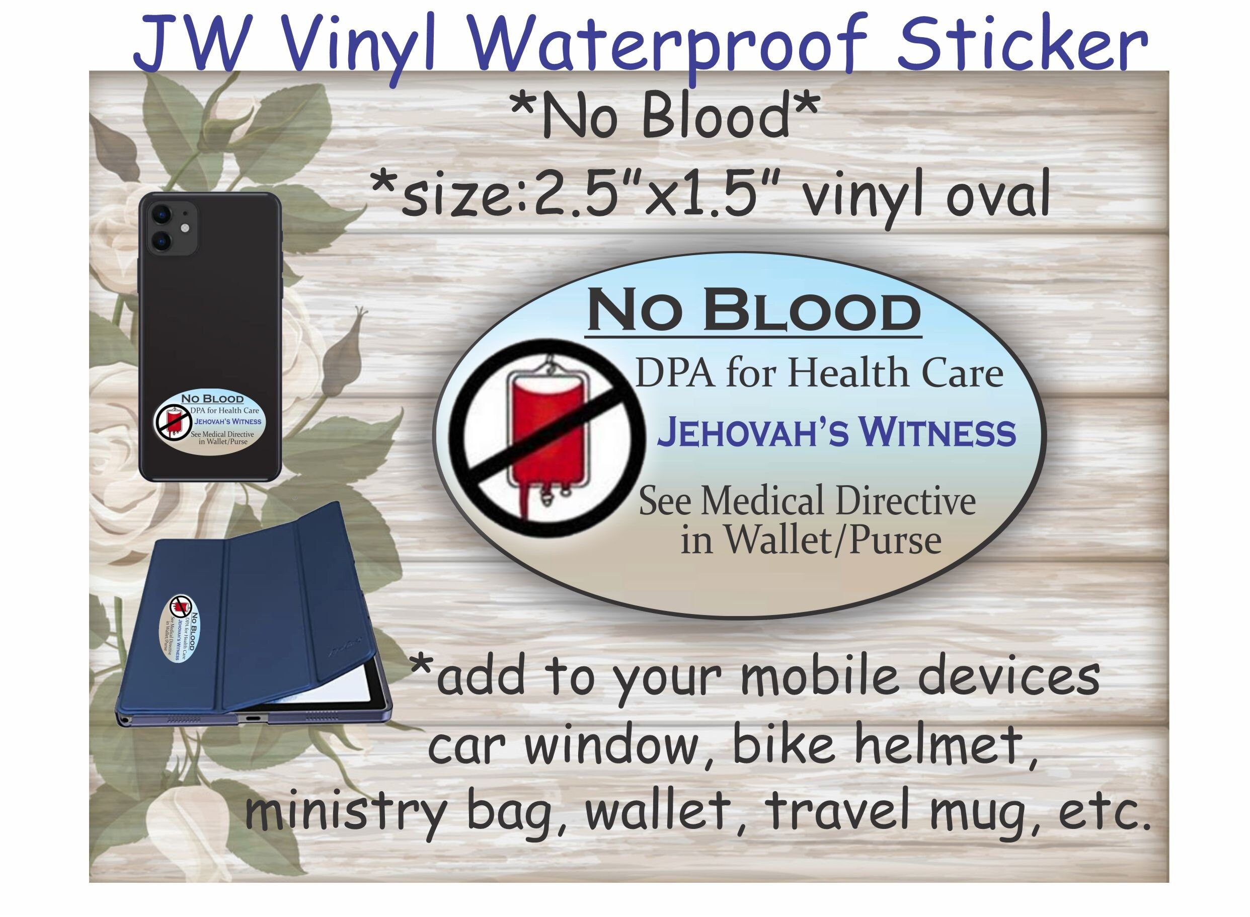 JW 'No Blood' Waterproof Vinyl Sticker (2.5"x1.5" Oval)