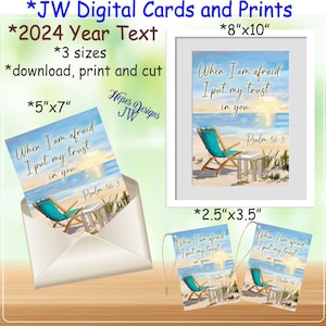 Tarjeta digital JW y arte del marco - texto del año 2024 Salmo 56:3 - playa y silla - descarga instantánea - archivos pdf imprimibles - regalos jw - jw.org