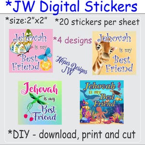JW DIGITAL Jehová es mi mejor amigo Hojas de calcomanías de 2" x 2" - archivos PDF instantáneos - ministerio jw - regalos jw - calcomanías para niños - la mejor vida de todas