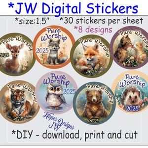 Adesivos digitais para a convenção JW 2025 com desenhos de animais de 1,5" - arquivo digital PDF instantâneo/vários designs/ministério JW - escrita de cartas JW - presentes JW