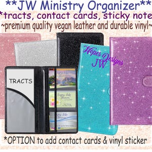 Organizador de ministerio JW Premium para folletos, tarjetas de contacto, notas adhesivas - cuero vegano suave y vinilo duradero - diseños con brillantina - regalos jw