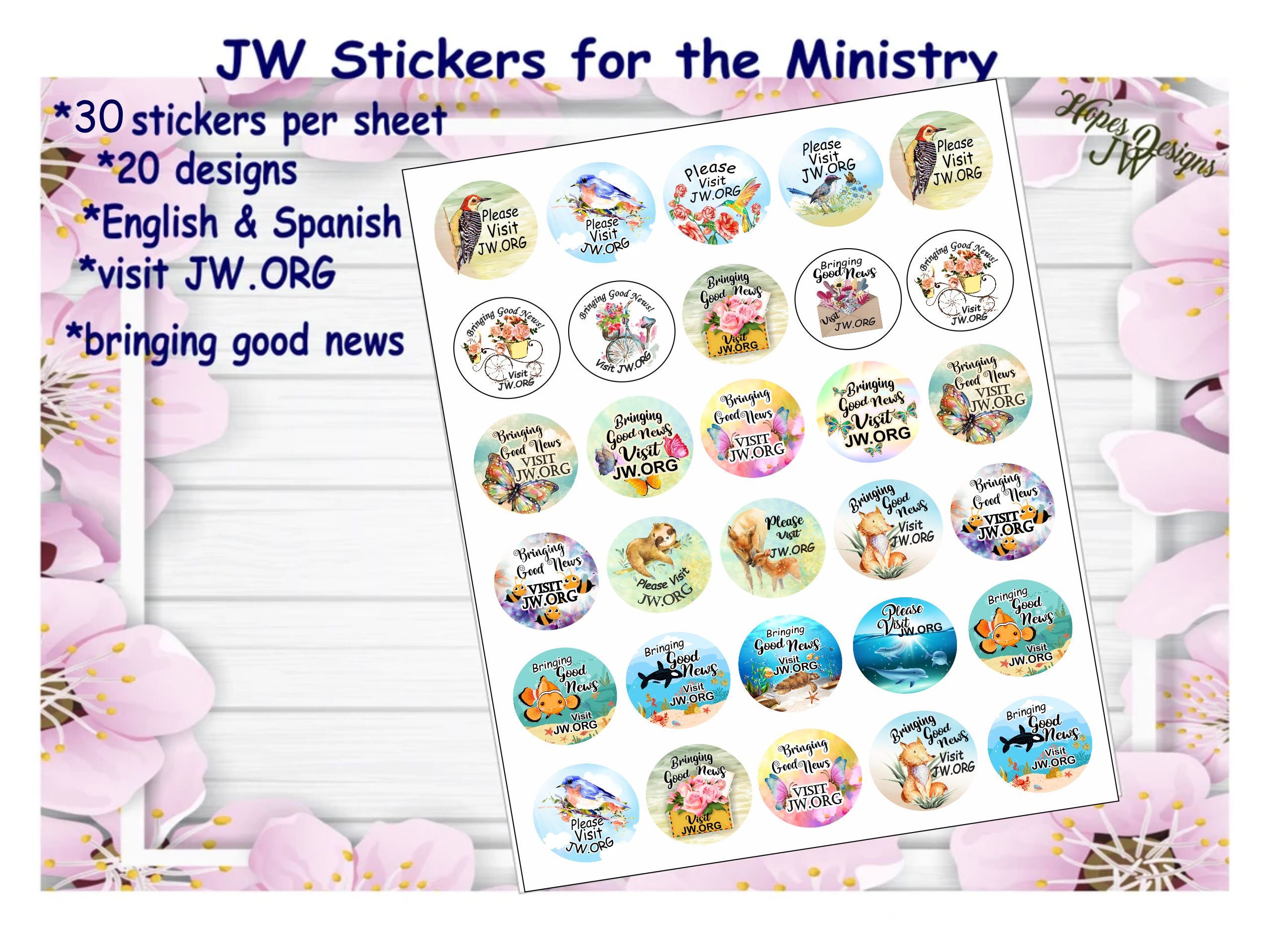 SPANISH Eye-catching Colorful Envelope Sticker Seals Encouraging Recipients  to Visit JW.ORG 20 on a Sheet 1.5 Round Stickers 