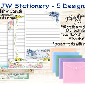 Paquete de papelería JW n.° 2: 5 diseños/Inglés/Español/Estándar, universitario, espaciado amplio/Redacción de cartas JW/Ministerio/Regalos JW/Regalo de bautismo de pioneros