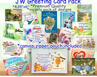 JW gifts - GREETING CARDS variety pack with 'Pleasant sayings' Prov 16:24 canvas zipper pouch - assortment of encouraging cards/jw ministry