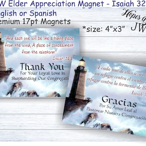 Cadeaux JW - aimants 4"x3"/Appréciation des aînés Ésaïe 32:2/conception du phare/anglais espagnol/jw ministry/jw.org/meilleure vie de tous les temps/cadeau de remerciement