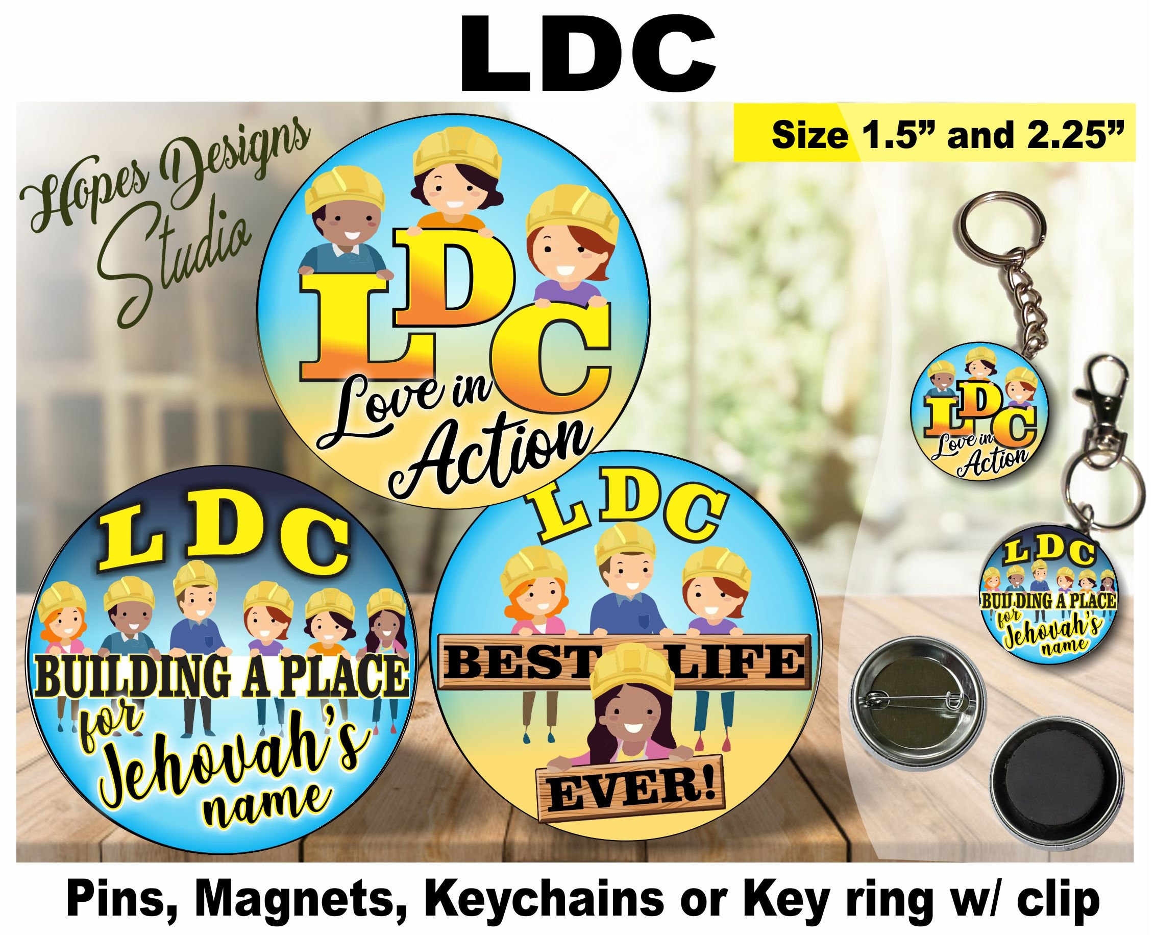 JW ピン、マグネット、キーチェーン - 1.5インチ & 2.25インチ - LDC