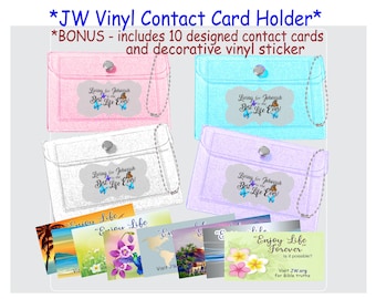 May include: Four clear vinyl contact card holders with a silver chain and a snap closure. Each holder has a different colored background: pink, blue, white, and purple. The holders feature a printed design with butterflies and the text "Living for Jehovah is the Best Life Ever!"  The image also shows five contact cards with the text "Enjoy Life Forever" and "Visit JW.org for Bible truths."