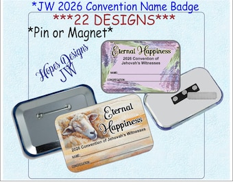 JW 2026 Convention Name Badge: Pin or Magnet, 22 Designs