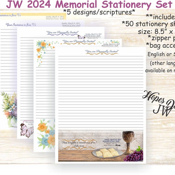 JW Gifts/JW Memorial briefpapier met ritszakje/5 ontwerpen pack 10/Engels Spaans/standaard, college, brede tussenruimte/brief schrijven