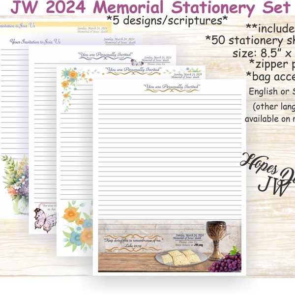 JW gifts/JW Memorial stationery with zipper pouch/5 designs pack 10/English Spanish/standard, college, wide spacing/letter writing