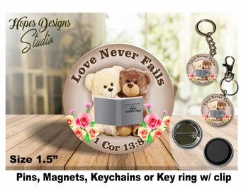 Love Never Fails Button Pin: JW Gifts, Magnets, Keychains (1.5&quot;)