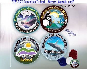 JW  2024 Special Convention - Iceland /pocket mirrors, magnets, pins/4 designs English - Spanish/jw.org/encouragement gift