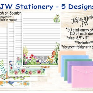 Confezione di cancelleria JW n. 5 - 5 design/inglese spagnolo/standard, college, spaziatura larga/scrittura di lettere JW/ministero/regali JW/regalo battesimo pioniere