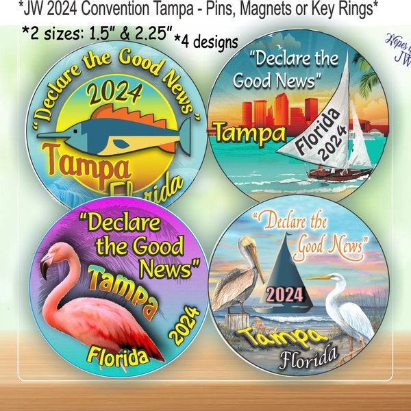 JW Declare the Good News - 2024 Special Convention - Tampa /1.5" & 2.25" pin, magnet, keychain - 4 designs/English - Spanish/jw.org/jw gifts