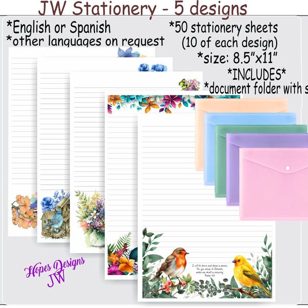 JW-briefpapierset met bloemen - set # 16: Engels/Spaans, 5 ontwerpen