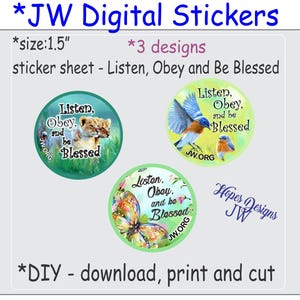 Adesivos digitais JW Ouça, Obedeça e Seja Abençoado 1,5" - arquivo digital PDF instantâneo/vários designs/ministério JW - escrita de cartas JW - presentes JW para crianças