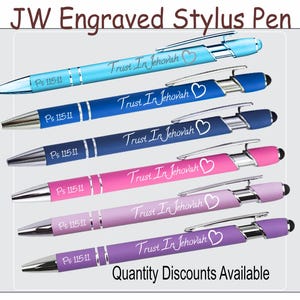 May include: A set of six stylus pens in light blue, royal blue, navy, pink, lavender, and purple. Each pen features silver accents, a clip, and is engraved with the text Trust In Jehovah, a heart icon, and Ps 115:11.