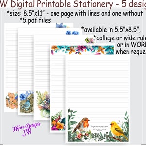 Papelería digital imprimible JW con 5 diseños - archivos digitales PDF instantáneos/5 diseños - con líneas y sin - jw regalos - jw papelería