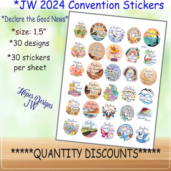 Autocollants JW 2024 Convention - Déclarez la bonne nouvelle/autocollants 1,5" - 30 par feuille - nombreux modèles/lettres JW/assemblage JW convention