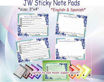 JW Ministry Gifts/sticky notes/Sorry I missed you! Visit JW.ORG/option zipper pouch/jw ministry supplies/adhesive notepad/pioneer/baptism