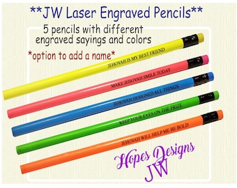 JW Laser Engraved Pencils - 5 pack - 5 Sayings - Personalize - JW Kids Ministry - Pencil Case Option