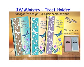 May include: A set of four colorful tract holders with a dragonfly design. Each holder has a different color background: brown, blue, purple, and yellow. The holders are designed to hold 30-35 tracts. The text on the holders reads "Seek and you will find the very priceless pearl of truth".