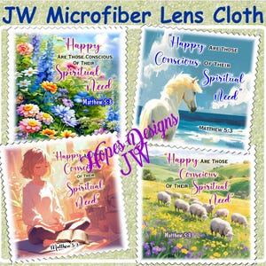 May include: Microfibre lens cloth with four images. Each image has the text "Happy are those conscious of their spiritual need" and Matthew 5:3. The images depict flowers, a white horse, a person reading, and sheep.