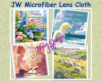 May include: Microfiber lens cloth featuring four images with the text "Happy are those conscious of their spiritual need" and Matthew 5:3. The images include flowers, a white horse, a person reading, and sheep in a field.