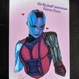 May include: A hand-drawn illustration of a female character with blue skin and a robotic arm. She is wearing a red and blue outfit. The text "Girls just wanna have fun" is written in purple above her head.