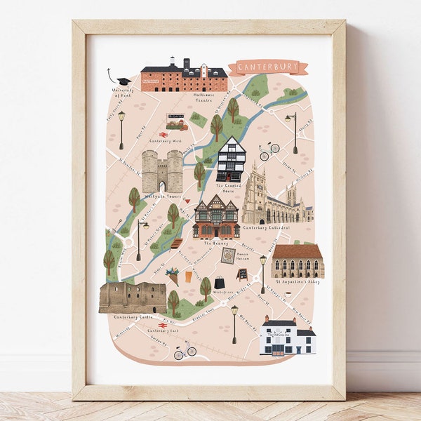 Canterbury Map, Illustrated Map of Canterbury, Canterbury Print, Canterbury Art, Canterbury Travel, Canterbury Poster, Canterbury Gift