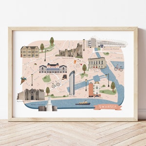 Carte de Swansea, carte illustrée de Swansea, affiche de Swansea, impression de Swansea, art de Swansea, illustration de Swansea, cadeau Swansea, voyage à Swansea