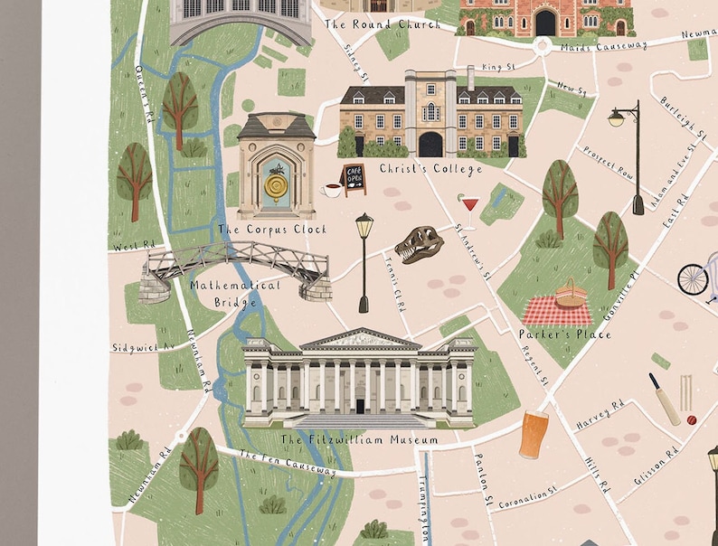 Cambridge Map Cambridge Illustrated Map Cambridge University Poster