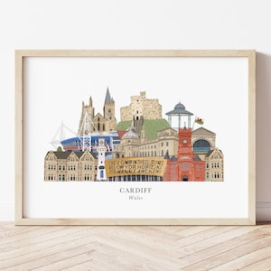 Impression de la ligne d'horizon de Cardiff, monuments de Cardiff, paysage urbain de Cardiff, art mural Cardiff, cadeau Pays de Galles, Illustration Cardiff, cadeau de mariage Cardiff, gallois