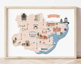 Mapa de Essex, Mapa ilustrado de Essex, Póster de Essex, Impresión de Essex, Arte de Essex, Ilustración de Essex, Regalo de Essex, Viajes a Essex, Mapa del condado de Essex