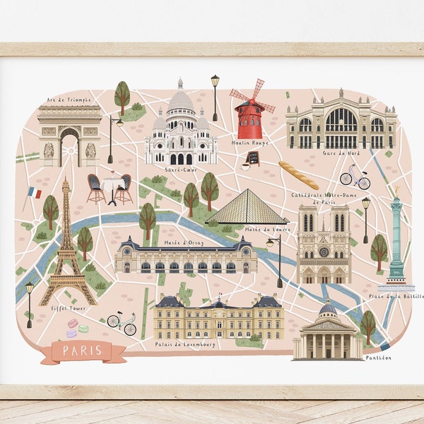 Paris Map, Illustrated Map of Paris, Paris Print, Paris Art, Paris Travel Poster, Paris Illustration, Paris Gift, French Travel Poster