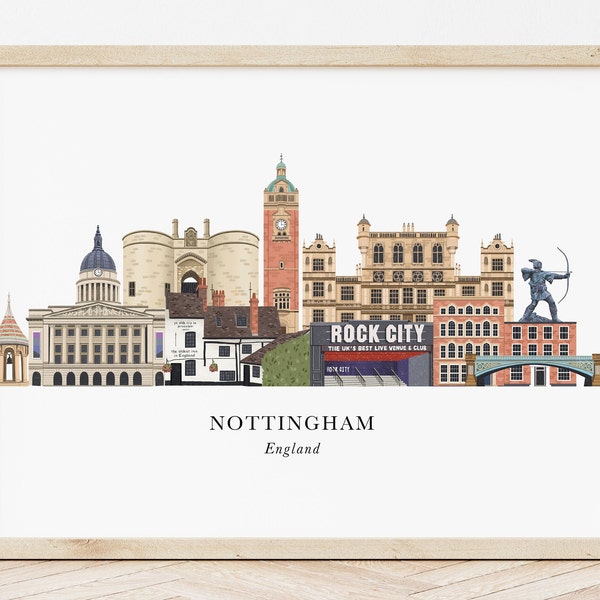 Nottingham Skyline Print, Nottingham Cityscape, Nottingham Wall Art, Nottingham Gift, Nottingham Illustration, Nottingham Poster