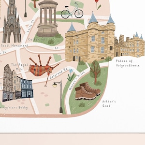 May include: A colorful illustrated map of Edinburgh, Scotland, featuring landmarks like the Palace of Holyroodhouse, the Scott Monument, and Greyfriars Bobby. The map also includes text labels for streets and points of interest.