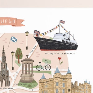 May include: An illustrated map of Edinburgh, Scotland, featuring landmarks like the Royal Yacht Britannia, Calton Hill, and the Scott Monument. The map is drawn in a colorful, whimsical style with a pink background.