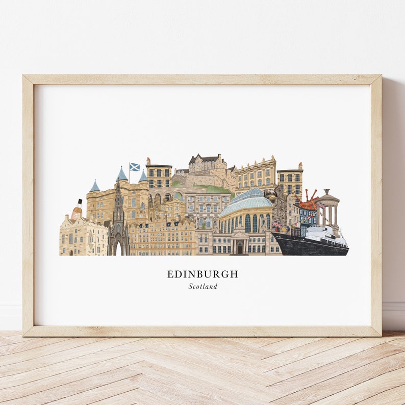 May include: A colorful illustration of the Edinburgh skyline, featuring iconic landmarks like Edinburgh Castle, the Scottish Parliament Building, and the Royal Yacht Britannia. The text "EDINBURGH Scotland" is printed below the illustration.