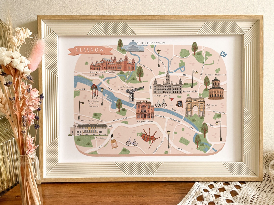 Glasgow Map Illustrated Map of Glasgow Glasgow Poster Etsy UK